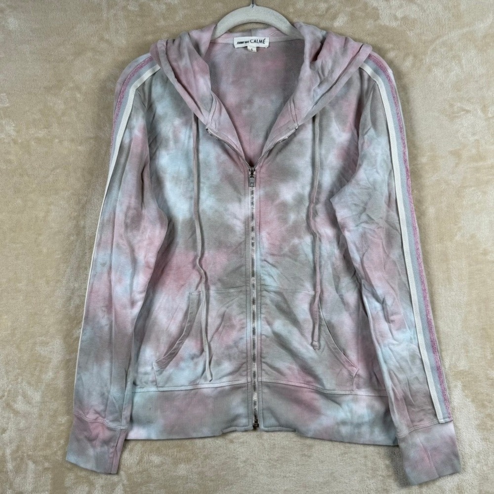 Johnny Was Calme Women S Pink Grey Tie Dye Zip Hoodie Glitter Stripe Tencel